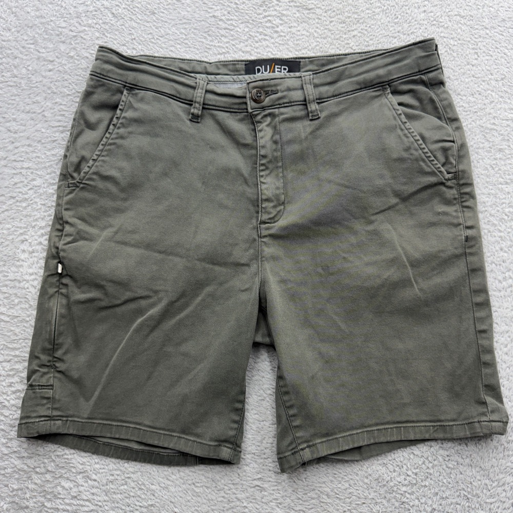 DU/ER Mens Performance Chino Shorts Olive Green Stretch Tencel 32 x 7 Inseam